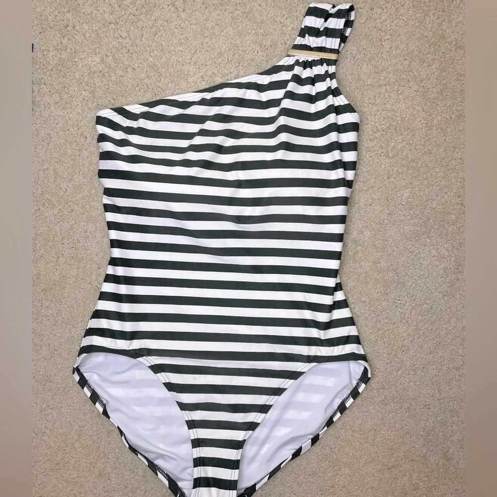 Michael Michael kors one shoulder striped olive green & white moderate coverage